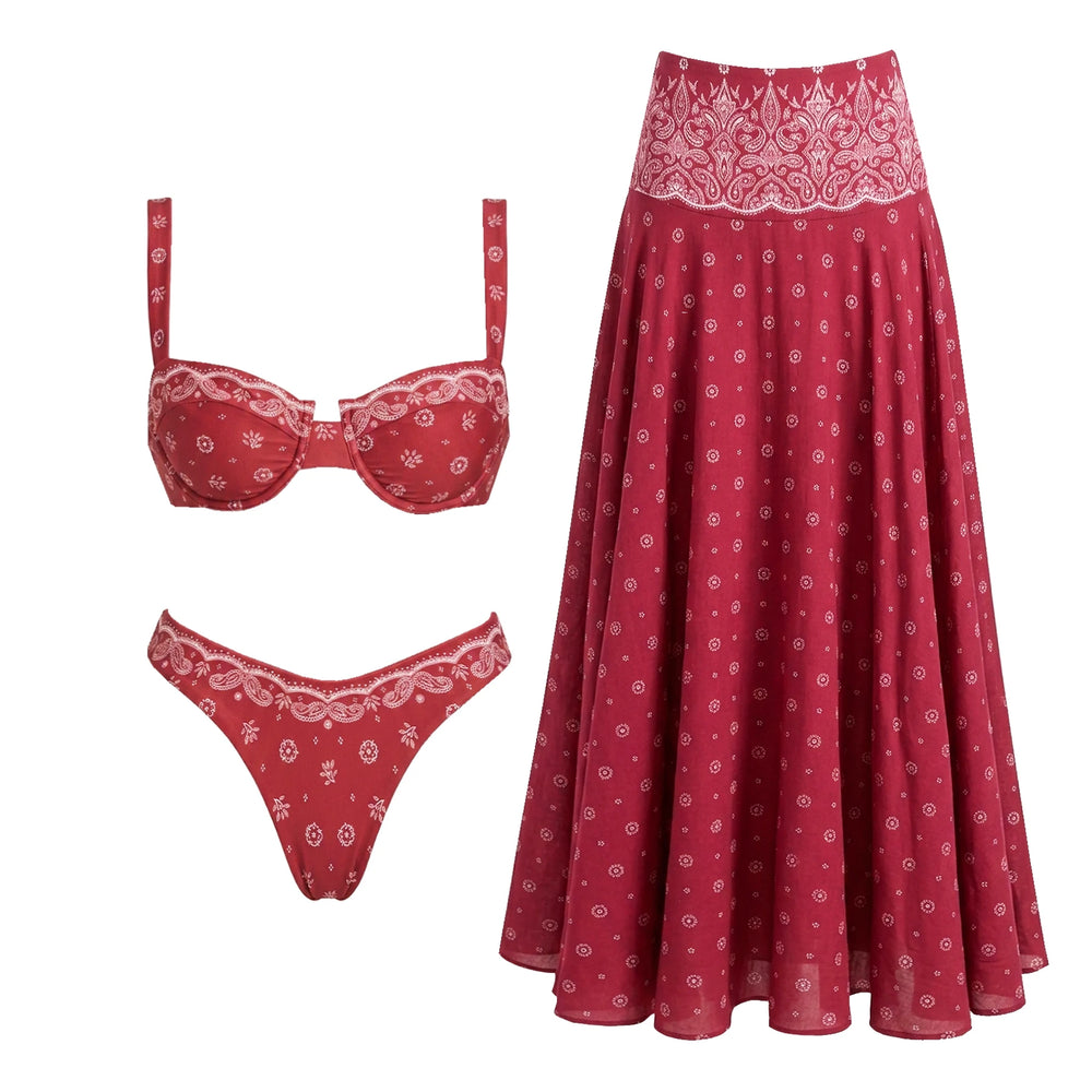 Red bandana print bikini top and high-waisted bikini bottom with white trim