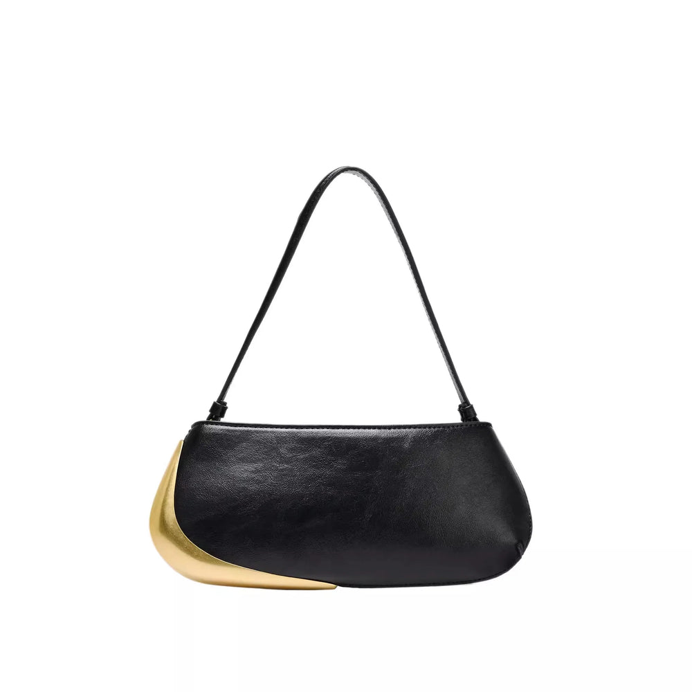 Black handbag with gold accent on a white background