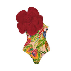 One-Shoulder Swimsuit with Oversized Flower Detail and Matching Printed Sarong Set