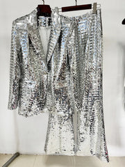 Silver Sequin Blazer And Wide Leg Pants Two-Piece Set