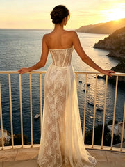 White Strapless Lace Corset Folds Draped Dress
