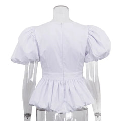 White Puff Sleeve Bow Cutout Top