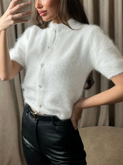 Mock Neck Puff Sleeve Fuzzy Top