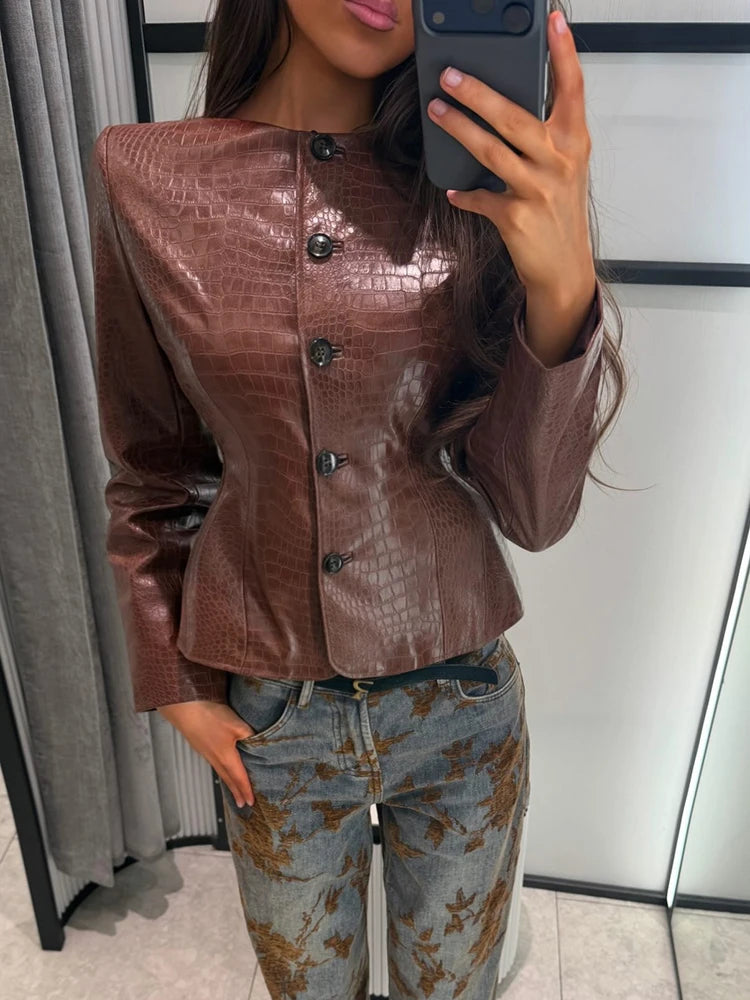 Brown croc embossed faux leather jacket