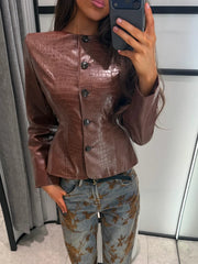 Brown croc embossed faux leather jacket