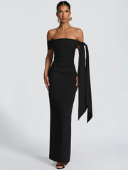 Black off-shoulder gown with a long train