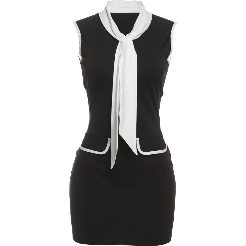 Black dress with white accents on a white background