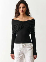 Off Shoulder Pleated Mesh Top
