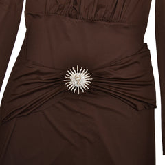 Long Sleeve Draped Metal Detail Maxi Dress