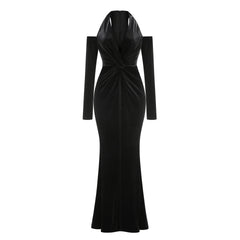 Black Velvet Off-Shoulder V-Neck Fishtail Dress