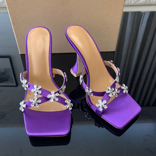 High Heels Crystal Flowers Slides Shoes