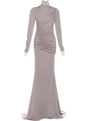 Gray evening gown with ruched bodice on a white background