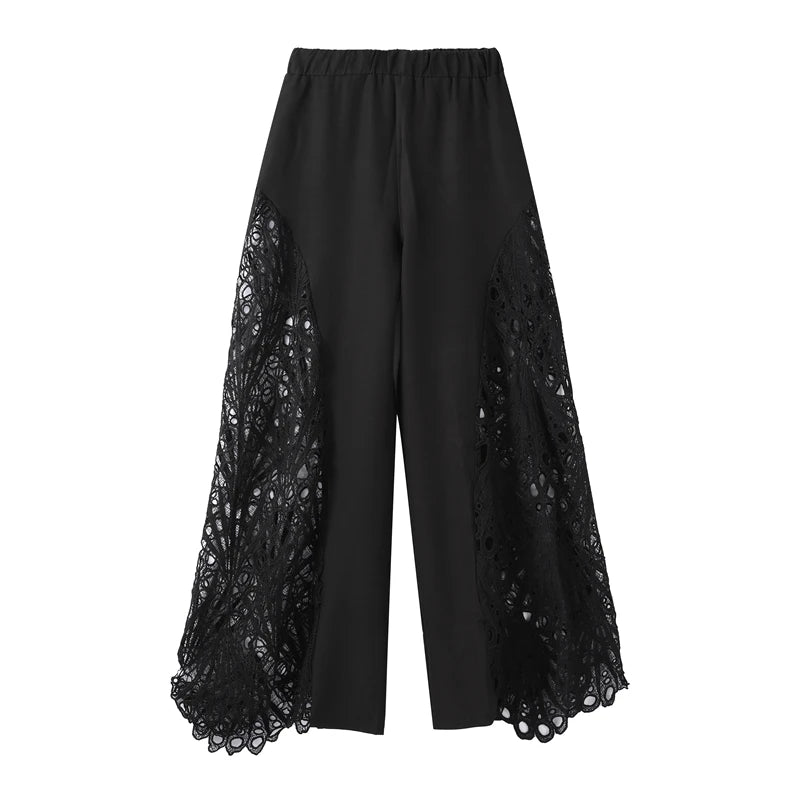 Black pants with lace detailing on a white background