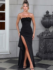 Strapless Lace Patchwork High Split Maxi Dress
