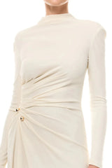 White Metal Decorated Drape Long Sleeve High Split Maxi Dress