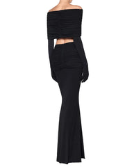 Draped Off-Shoulder Metal Detail Crop Top and Maxi Skirt Set