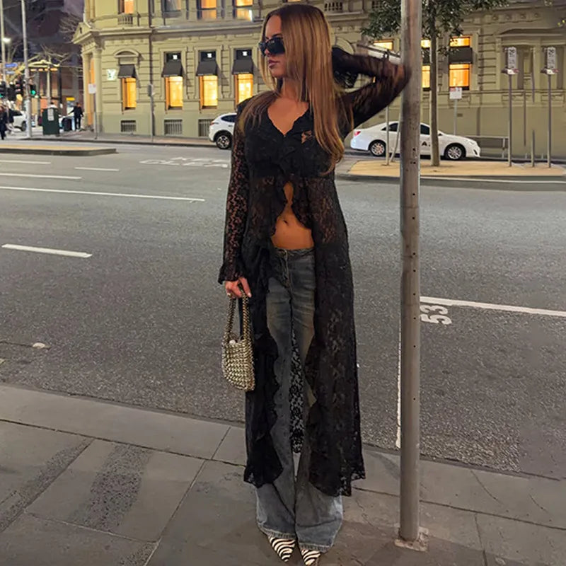 Black sheer lace ruffle long sleeve top profile