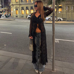 Black sheer lace ruffle long sleeve top profile