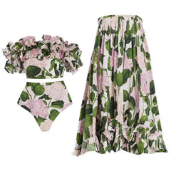 Hydrangea print ruffled off-the-shoulder top and high-waisted bottoms swimwear set