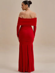 Off-Shoulder Rose Ruched Bodycon Maxi Dress