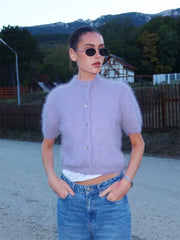 Mock Neck Puff Sleeve Fuzzy Top
