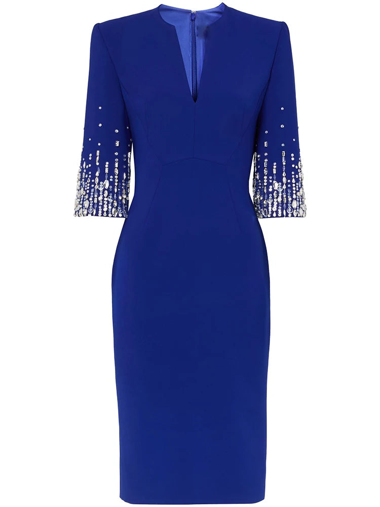 Royal blue V-neck dress with beaded three-quarter sleeves