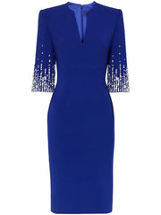 Royal blue V-neck dress with beaded three-quarter sleeves