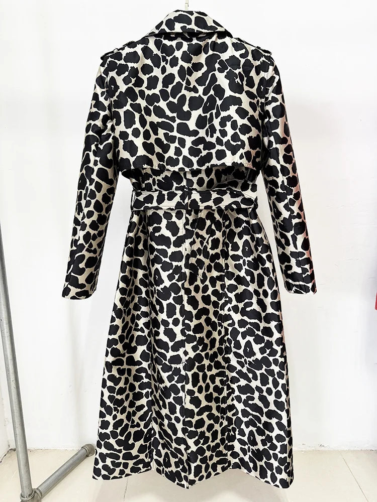 Leopard print belted trench coat on a mannequin, back view