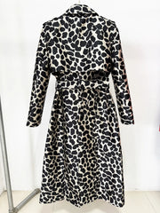 Leopard print belted trench coat on a mannequin, back view