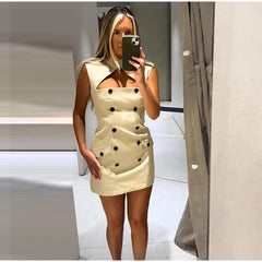 Cap Sleeve Buttoned Stand Collar Mini Dress