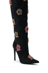 Suede Crystal Pointed Toe Heels Knee Boots