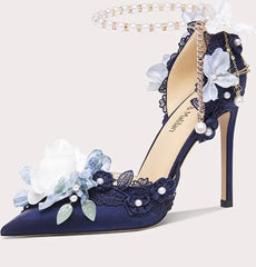 Black Lace Floral Pearl Bow Sandals | Lolita Stiletto Party Heels