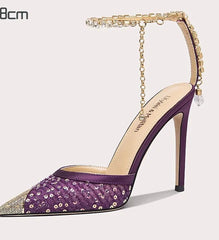 Purple high-heeled shoe with gold accents on a white background