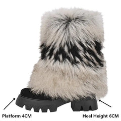 Platform and heel height measurement on faux fur boots.