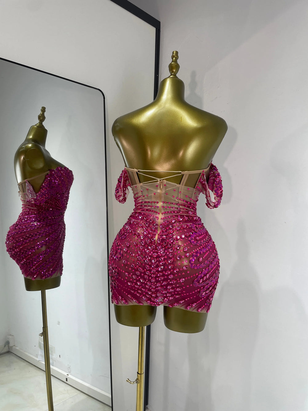 Sequin off-shoulder mini dress back view