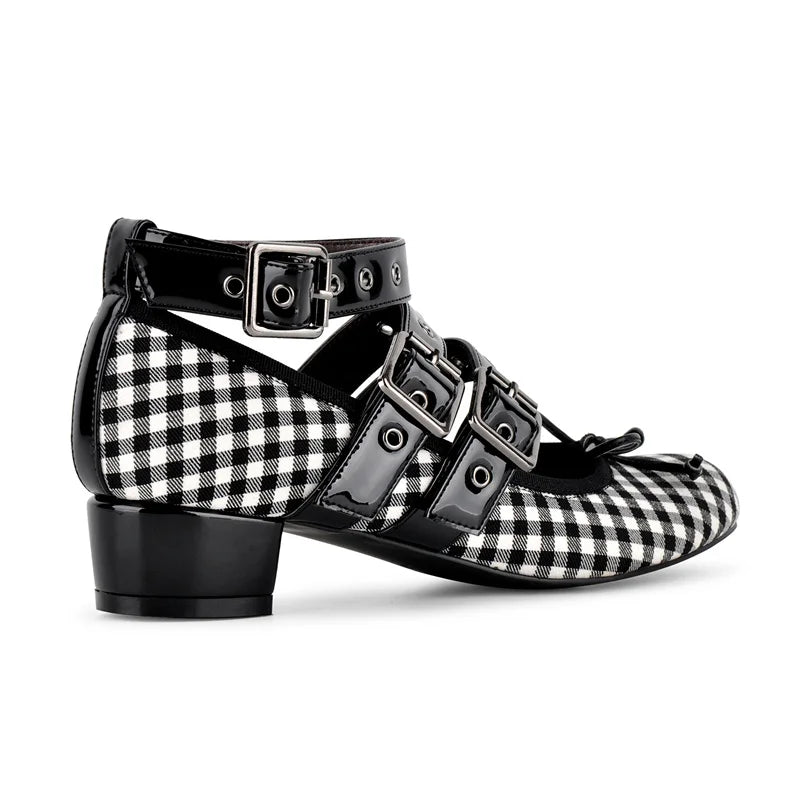 Gingham buckle strap block heel pumps side view