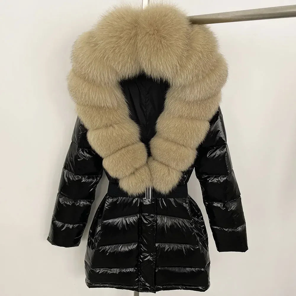 Black puffer coat with beige fur collar