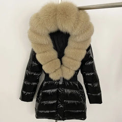 Black puffer coat with beige fur collar