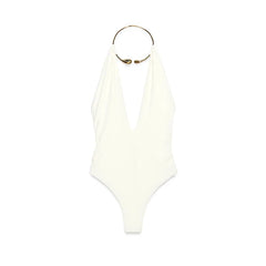 White swimsuit with a gold ring on a white background