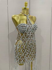 High Choker Neck Diamond Mesh Mini Dress