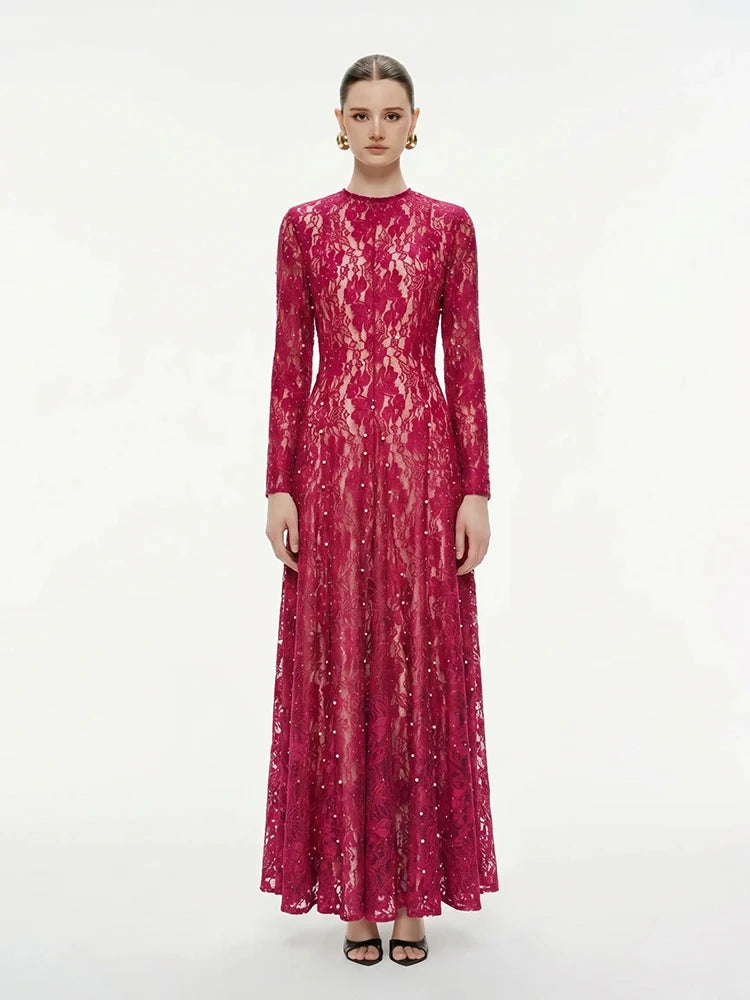 Fuchsia long sleeve lace embellished maxi dress