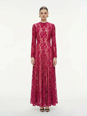 Fuchsia long sleeve lace embellished maxi dress