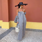Strapless stripe maxi dress with off-shoulder detail