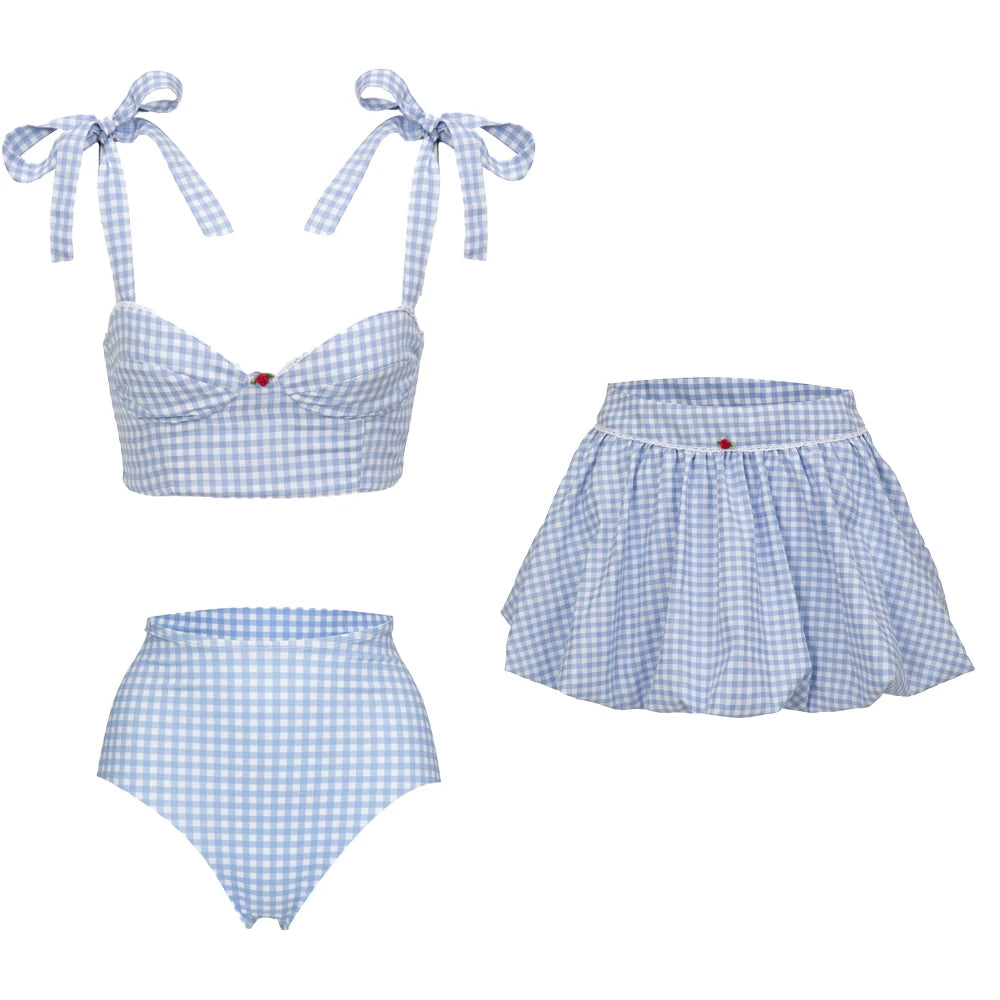 Blue gingham bikini top and flared skirt with cherry detail