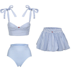 Blue gingham bikini top and flared skirt with cherry detail