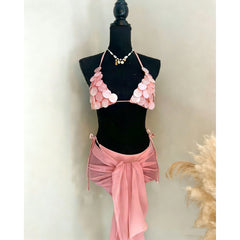 Pink shell-embellished bikini top with matching chiffon wrap skirt.