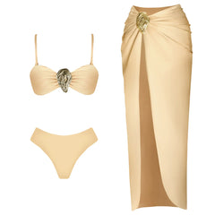Halter Neck Plunge One-Piece Swimsuit and High-Slit Wrap Skirt Set