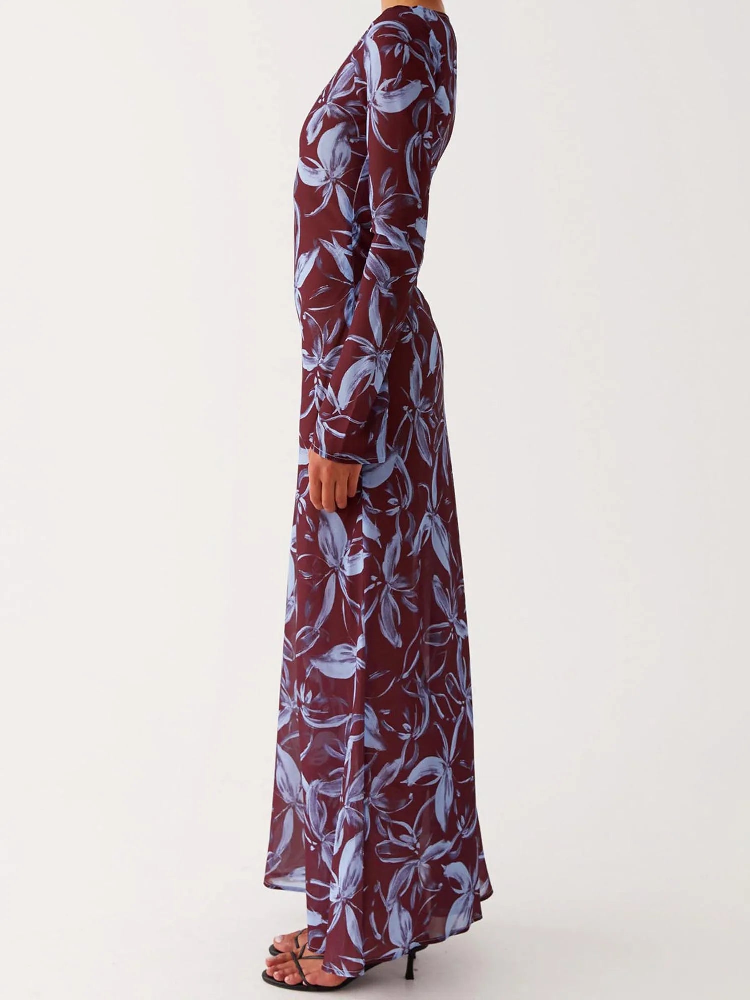 Long burgundy dress with floral pattern
