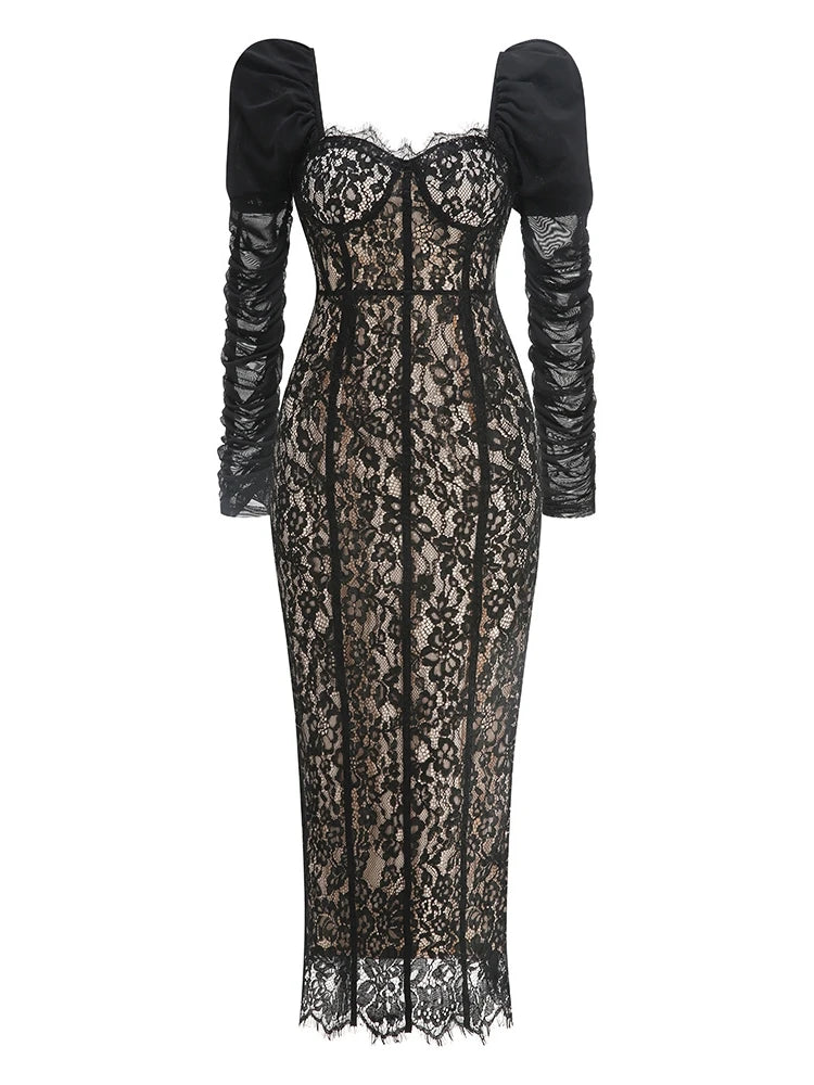 Black lace dress with long sleeves on a white background