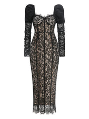 Black lace dress with long sleeves on a white background